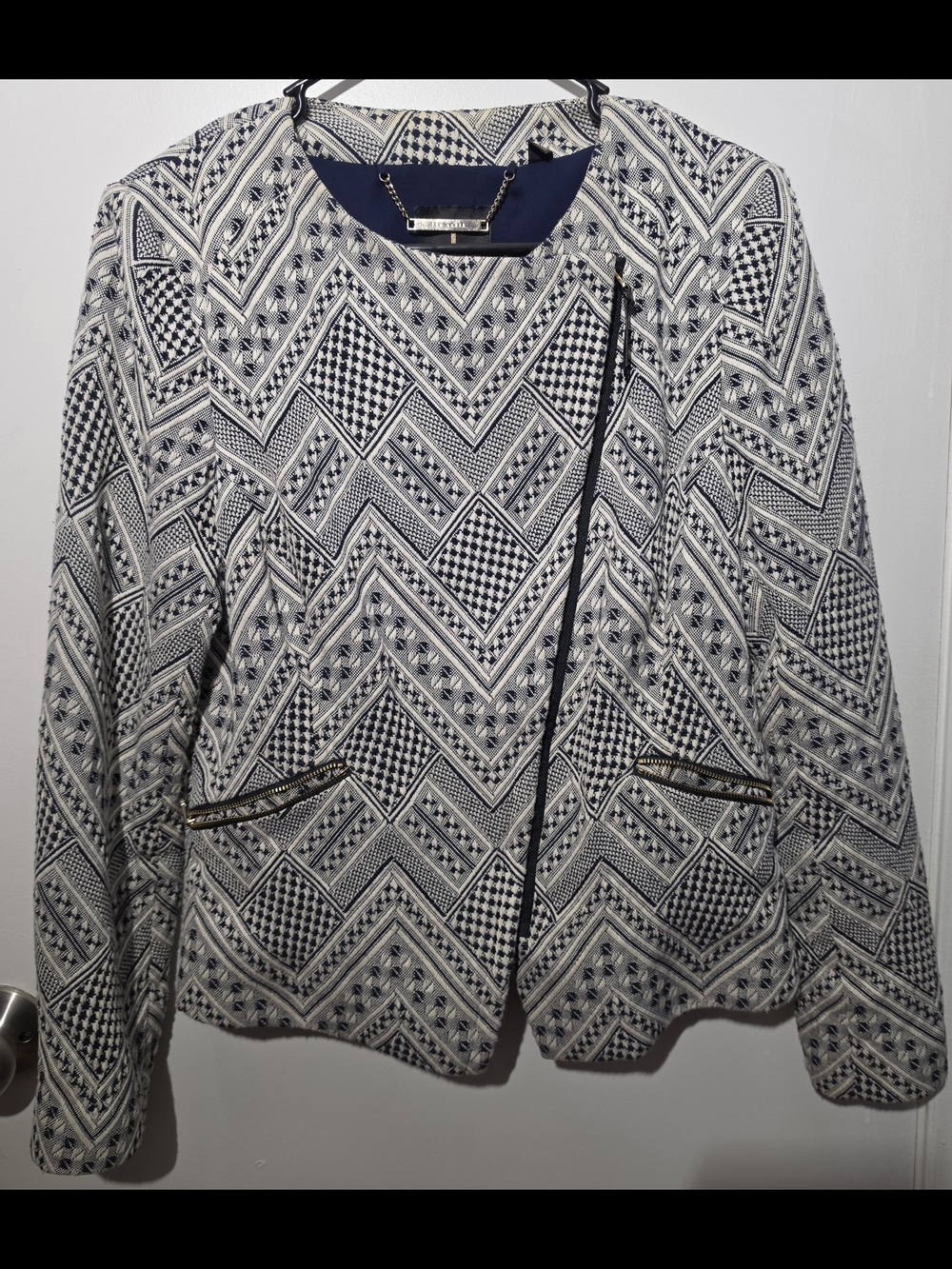 Ted Baker London Navy and White Geometric Zip Blazer
